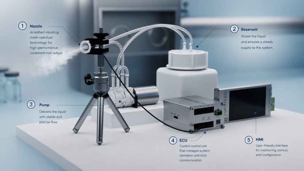Tekceleo P&S 360 vibrating mesh nebulizer development kit, with labeled nozzle, reservoir, pump, ECU and HMI